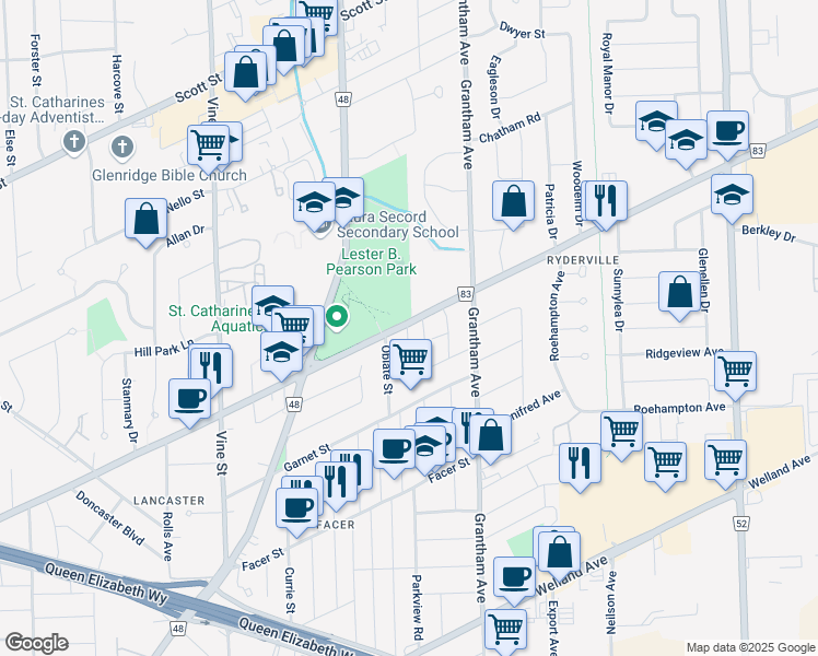 map of restaurants, bars, coffee shops, grocery stores, and more near in St. Catharines