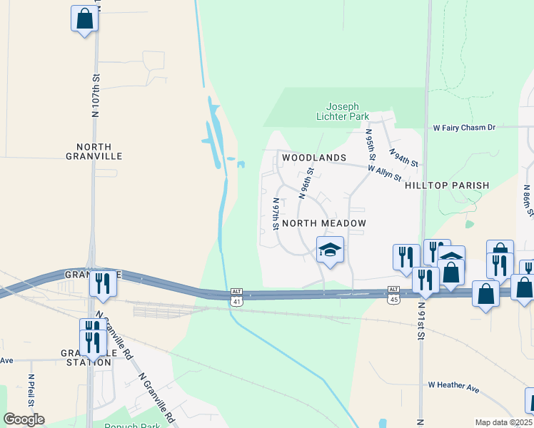 map of restaurants, bars, coffee shops, grocery stores, and more near 8949 North 97th Street in Milwaukee