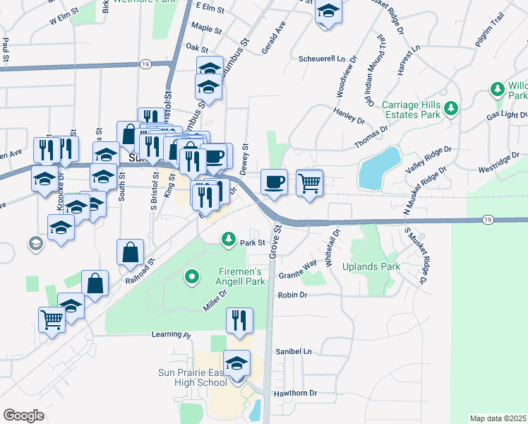 map of restaurants, bars, coffee shops, grocery stores, and more near 123 Grove Street in Sun Prairie