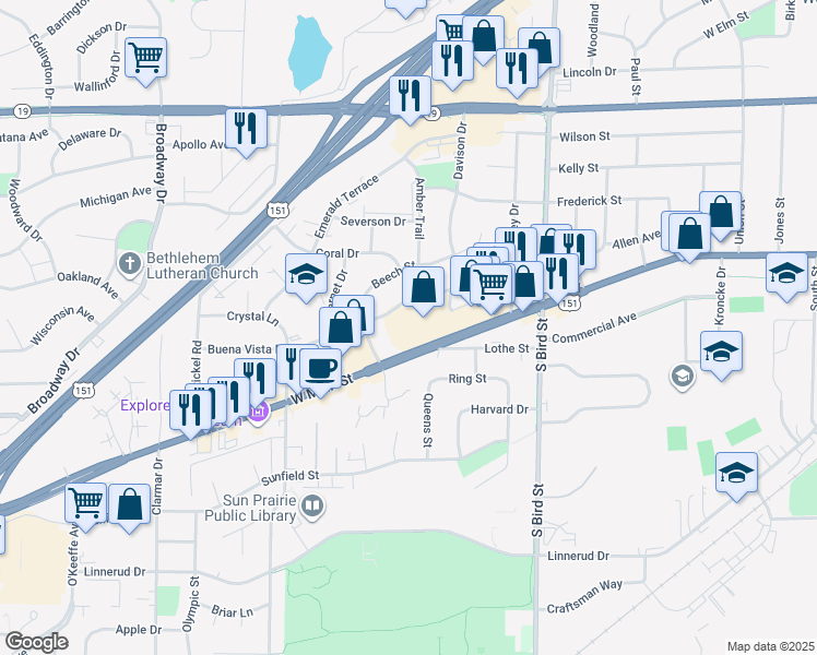 map of restaurants, bars, coffee shops, grocery stores, and more near 1140 West Main Street in Sun Prairie