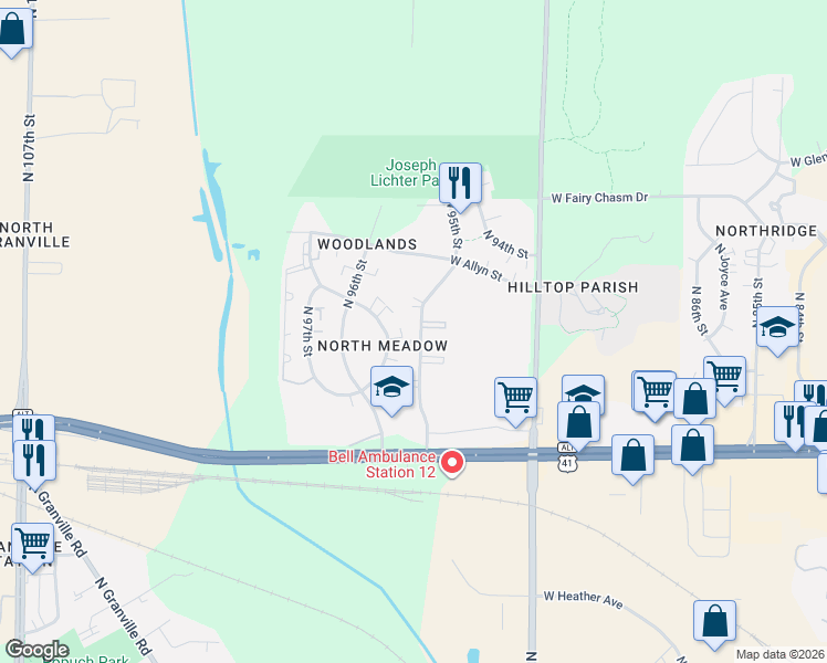 map of restaurants, bars, coffee shops, grocery stores, and more near 8951 North 95th Street in Milwaukee