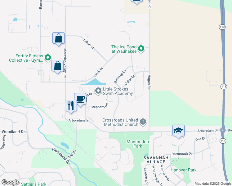 map of restaurants, bars, coffee shops, grocery stores, and more near Quinn Drive in Waunakee