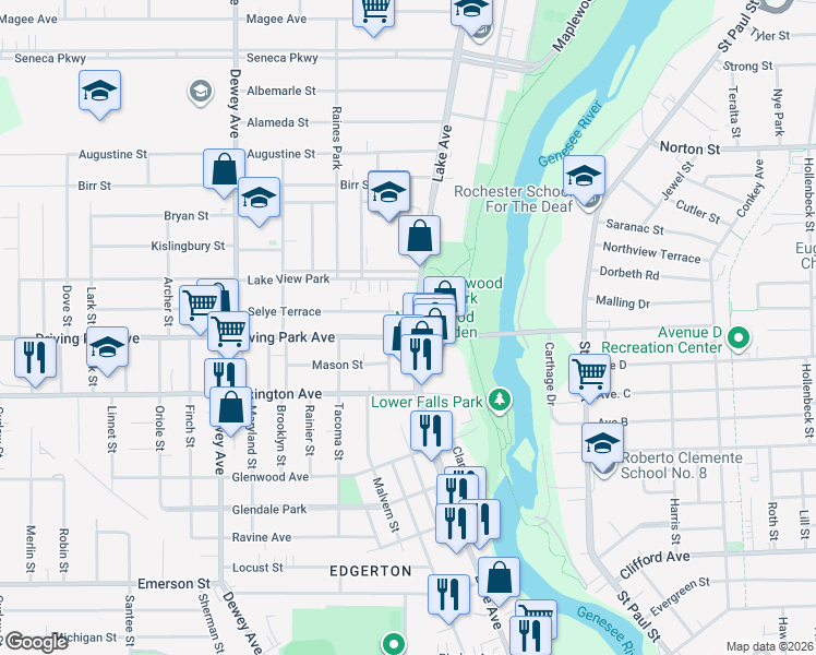 map of restaurants, bars, coffee shops, grocery stores, and more near 871 Lake Avenue in Rochester
