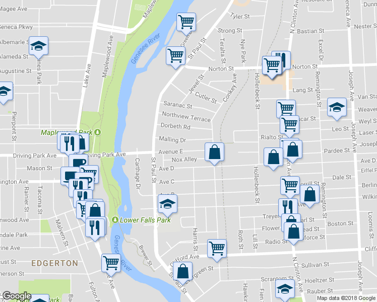 map of restaurants, bars, coffee shops, grocery stores, and more near 160 Avenue East in Rochester