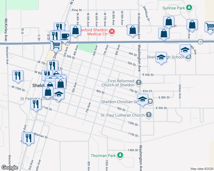 map of restaurants, bars, coffee shops, grocery stores, and more near 801-899 8th Street in Sheldon