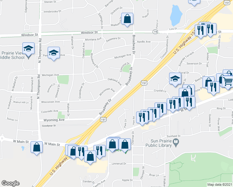 map of restaurants, bars, coffee shops, grocery stores, and more near 1351 Wisconsin Avenue in Sun Prairie