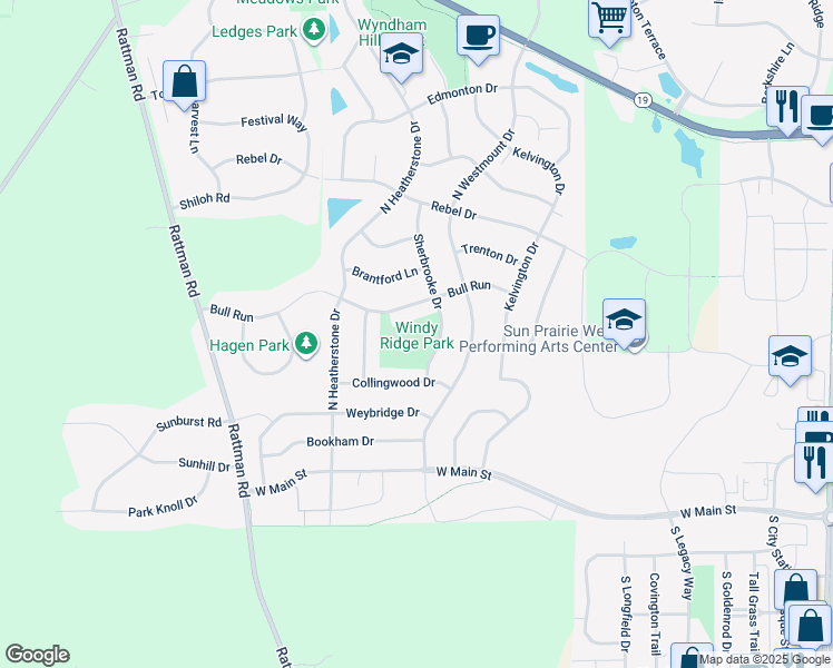 map of restaurants, bars, coffee shops, grocery stores, and more near 3161 Bull Run in Sun Prairie