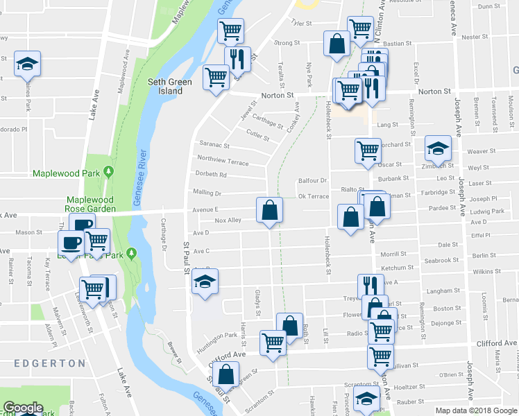map of restaurants, bars, coffee shops, grocery stores, and more near 223 Avenue East in Rochester