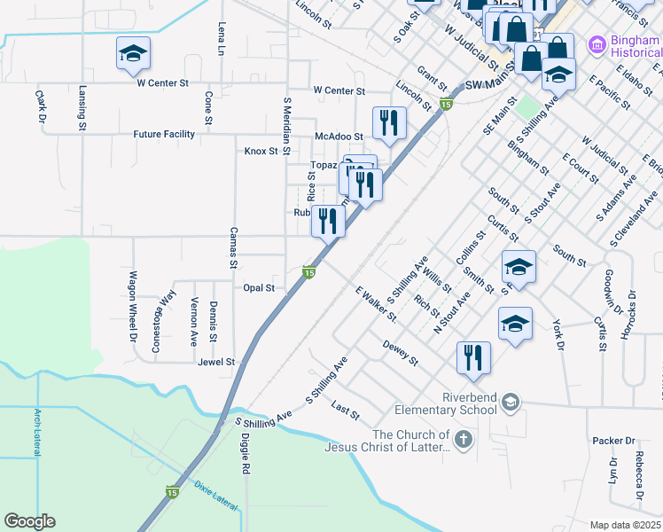 map of restaurants, bars, coffee shops, grocery stores, and more near 2 West Walker Street in Blackfoot
