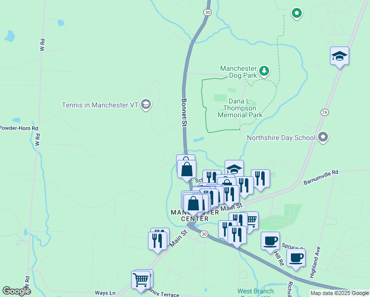 map of restaurants, bars, coffee shops, grocery stores, and more near 358 Bonnet Street in Manchester