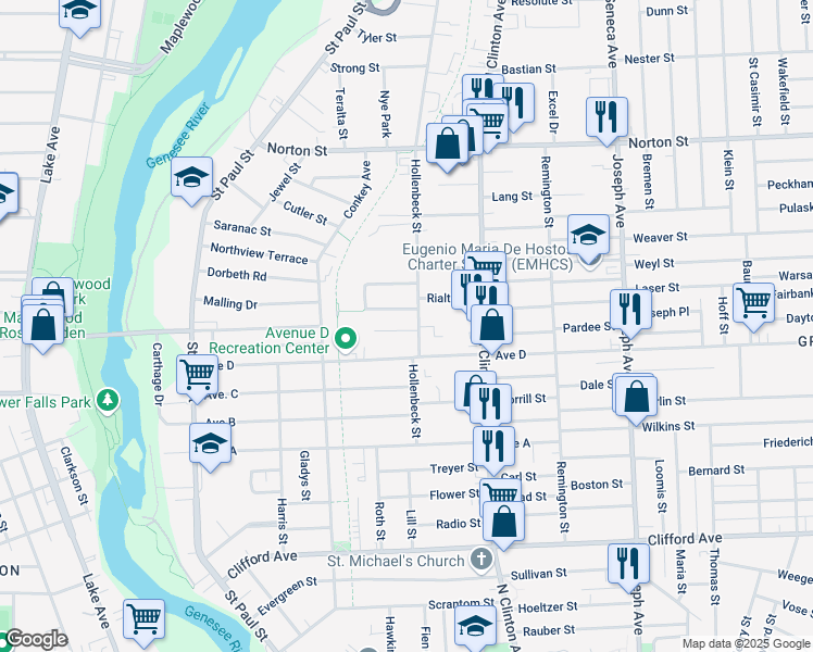 map of restaurants, bars, coffee shops, grocery stores, and more near 16 Bleile Terrace in Rochester