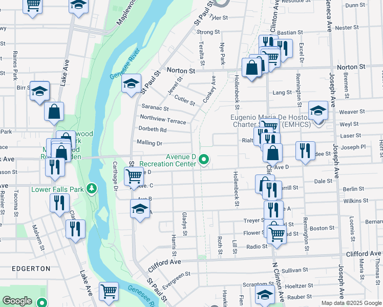 map of restaurants, bars, coffee shops, grocery stores, and more near 474 Avenue East in Rochester