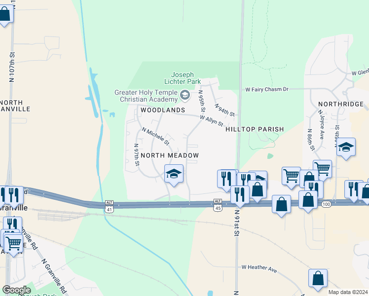 map of restaurants, bars, coffee shops, grocery stores, and more near 9011 North 95th Street in Milwaukee