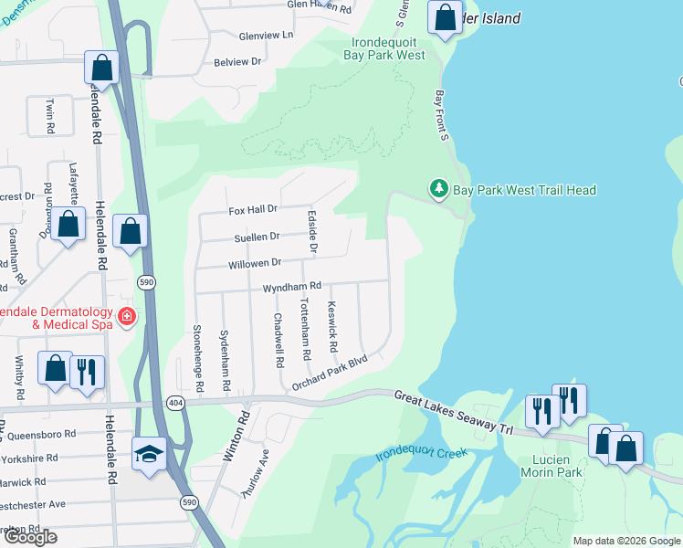 map of restaurants, bars, coffee shops, grocery stores, and more near 263 Willowen Drive in Irondequoit