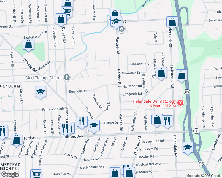 map of restaurants, bars, coffee shops, grocery stores, and more near 224 Seymour Road in Rochester