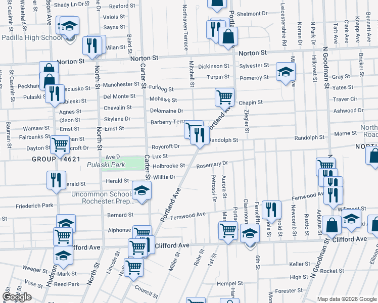 map of restaurants, bars, coffee shops, grocery stores, and more near 416 Roycroft Drive in Rochester