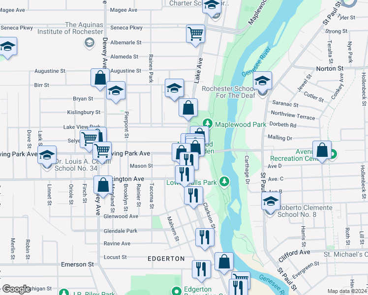 map of restaurants, bars, coffee shops, grocery stores, and more near 22 Selye Terrace in Rochester