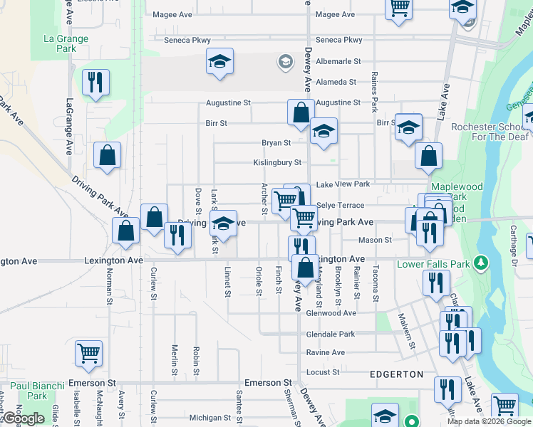 map of restaurants, bars, coffee shops, grocery stores, and more near 340 Selye Terrace in Rochester