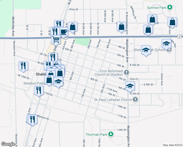 map of restaurants, bars, coffee shops, grocery stores, and more near 668-698 7th Avenue in Sheldon