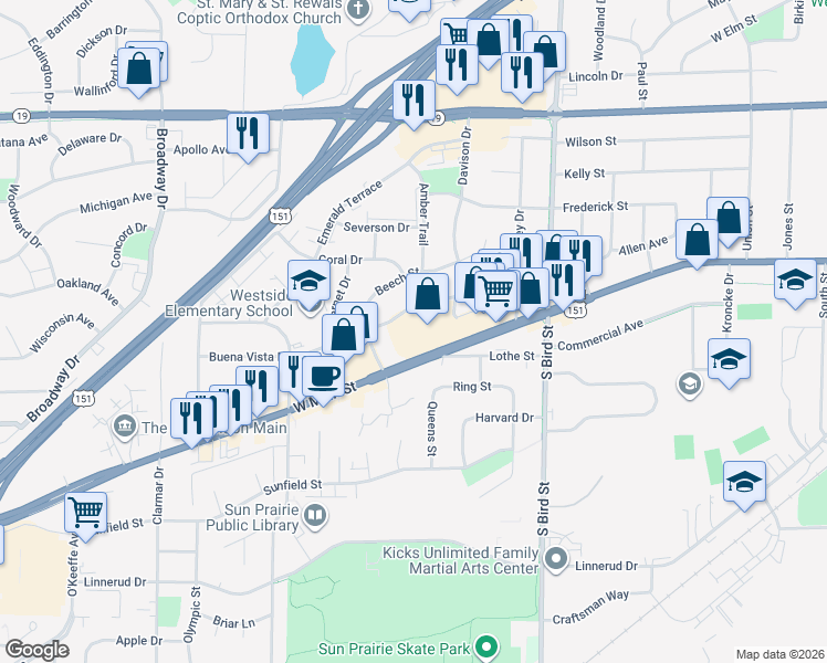 map of restaurants, bars, coffee shops, grocery stores, and more near 1120 West Main Street in Sun Prairie