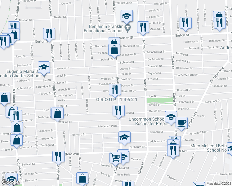 map of restaurants, bars, coffee shops, grocery stores, and more near 899 Hudson Avenue in Rochester