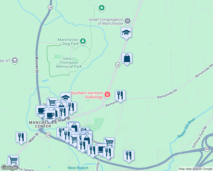 map of restaurants, bars, coffee shops, grocery stores, and more near 5559 Main Street in Bennington County