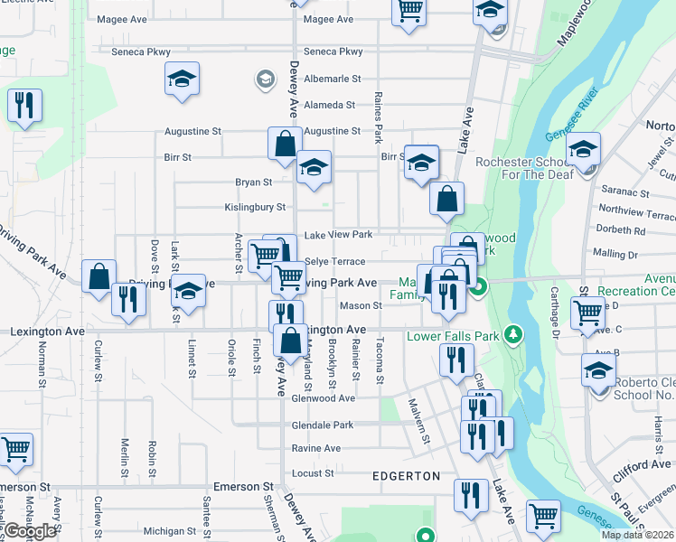 map of restaurants, bars, coffee shops, grocery stores, and more near in Rochester