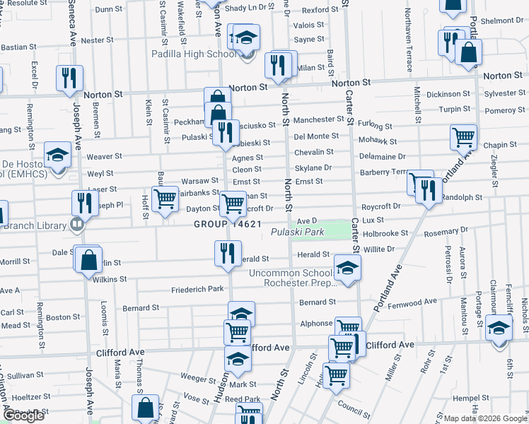 map of restaurants, bars, coffee shops, grocery stores, and more near 97 Durnan Street in Rochester