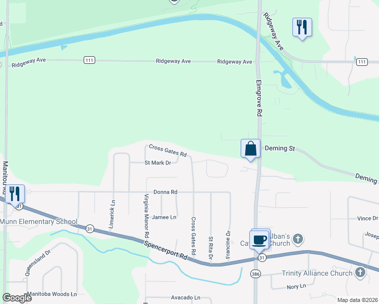 map of restaurants, bars, coffee shops, grocery stores, and more near 160 Cross Gates Road in Rochester