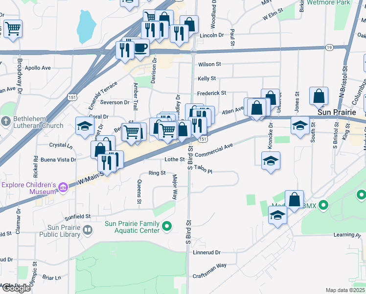 map of restaurants, bars, coffee shops, grocery stores, and more near 820 West Main Street in Sun Prairie
