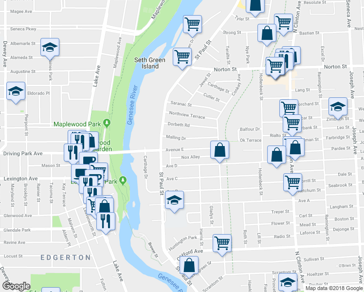 map of restaurants, bars, coffee shops, grocery stores, and more near 130 Avenue East in Rochester