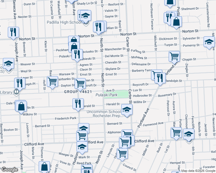 map of restaurants, bars, coffee shops, grocery stores, and more near 145 Durnan Street in Rochester