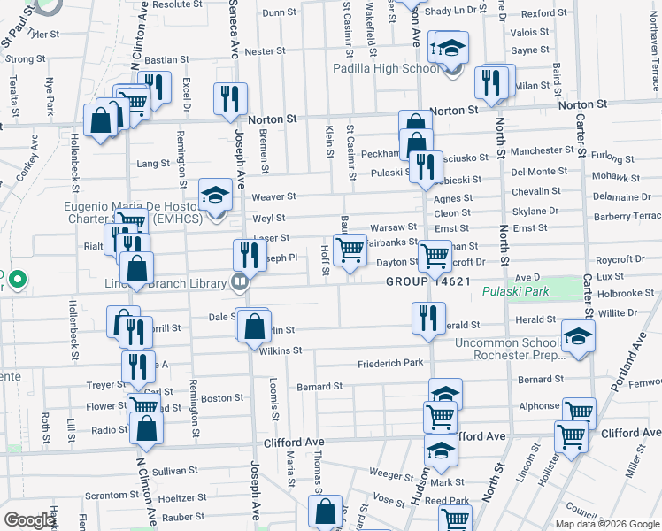 map of restaurants, bars, coffee shops, grocery stores, and more near 60 Hoff Street in Rochester