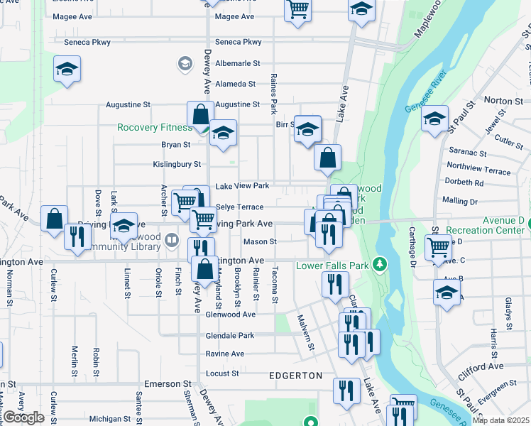 map of restaurants, bars, coffee shops, grocery stores, and more near 128 Selye Terrace in Rochester