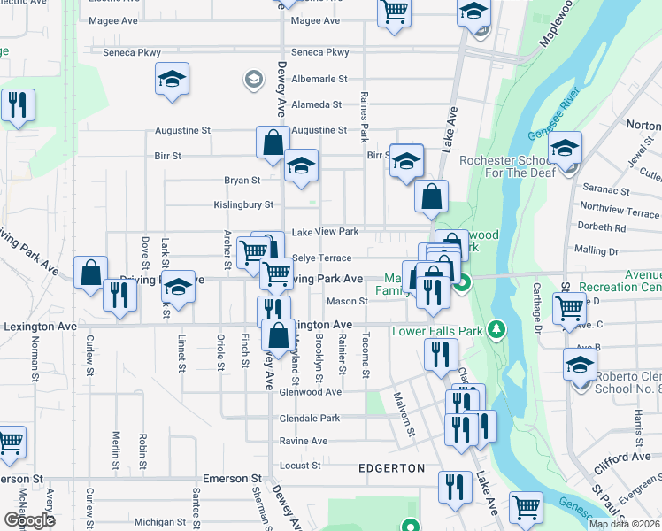 map of restaurants, bars, coffee shops, grocery stores, and more near in Rochester