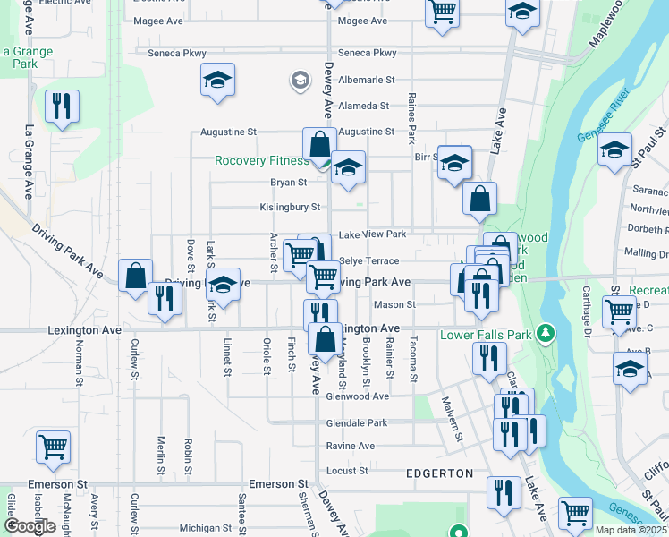map of restaurants, bars, coffee shops, grocery stores, and more near 906 Dewey Avenue in Rochester