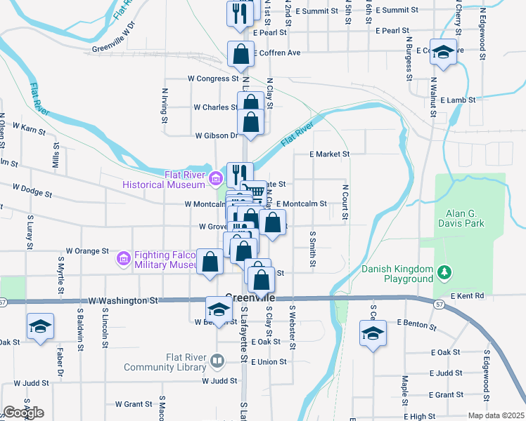 map of restaurants, bars, coffee shops, grocery stores, and more near 108 East Montcalm Street in Greenville