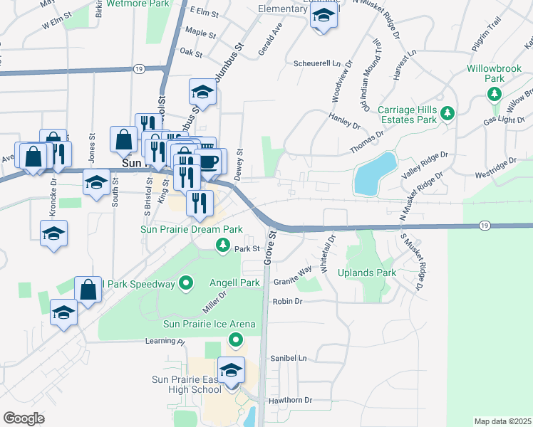 map of restaurants, bars, coffee shops, grocery stores, and more near 500 East Main Street in Sun Prairie