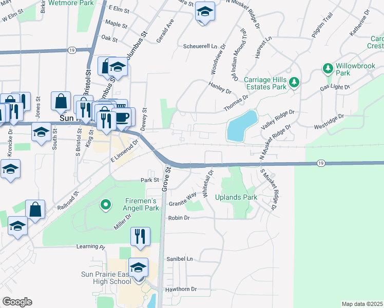 map of restaurants, bars, coffee shops, grocery stores, and more near 640 East Main Street in Sun Prairie