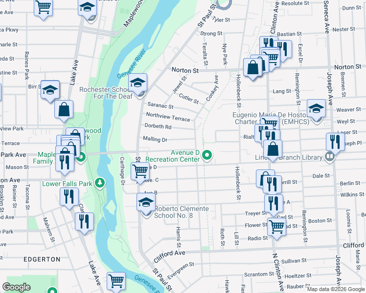 map of restaurants, bars, coffee shops, grocery stores, and more near 162 Malling Drive in Rochester