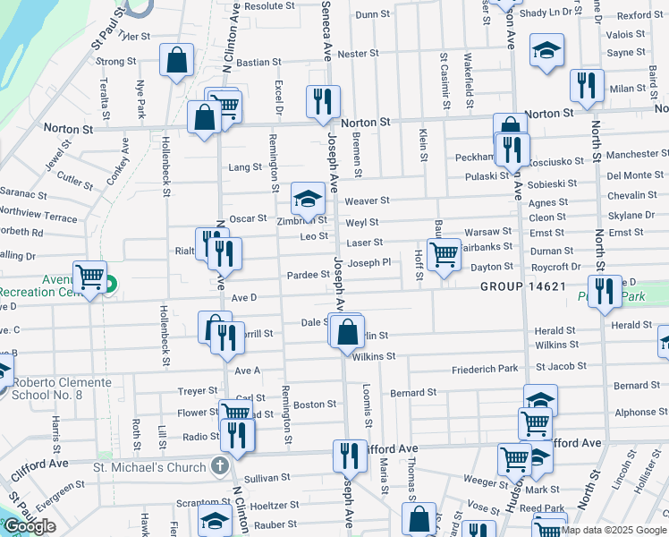 map of restaurants, bars, coffee shops, grocery stores, and more near 905 Joseph Avenue in Rochester
