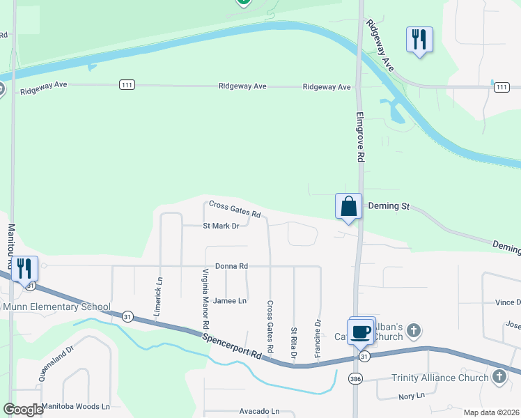 map of restaurants, bars, coffee shops, grocery stores, and more near 160 Cross Gates Road in Rochester