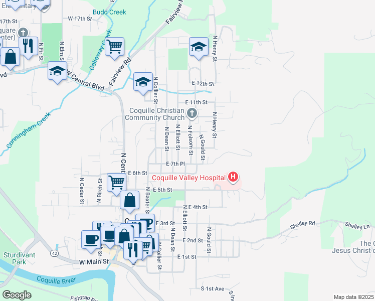 map of restaurants, bars, coffee shops, grocery stores, and more near 837 North Folsom Street in Coquille