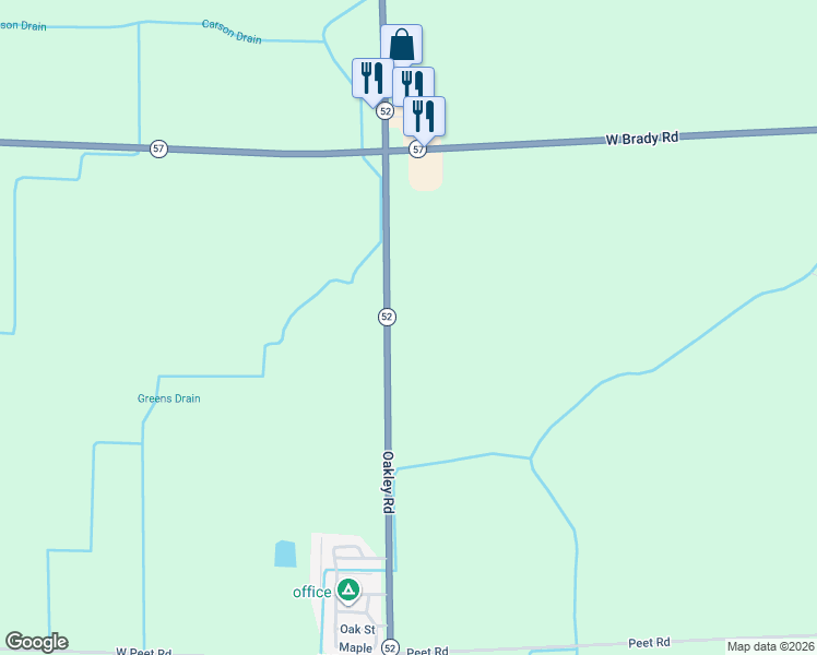 map of restaurants, bars, coffee shops, grocery stores, and more near 16363 Oakley Road in Chesaning