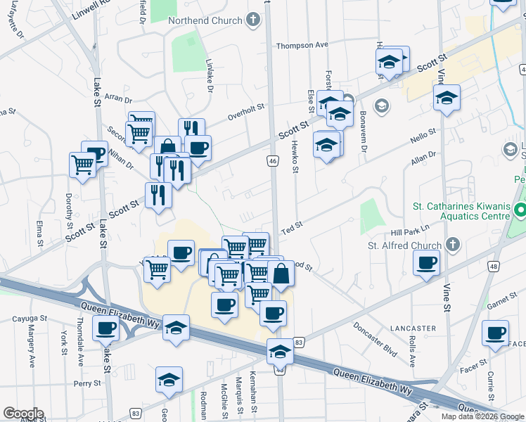 map of restaurants, bars, coffee shops, grocery stores, and more near 351 Geneva Street in Saint Catharines