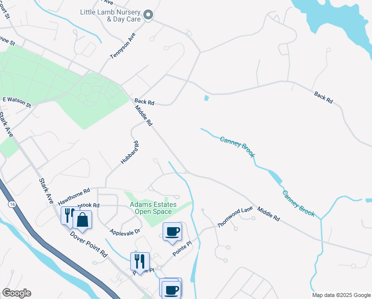 map of restaurants, bars, coffee shops, grocery stores, and more near 18-58 Middle Road in Dover