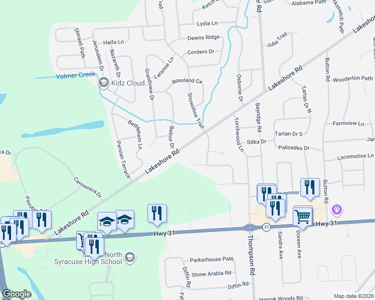 map of restaurants, bars, coffee shops, grocery stores, and more near 6087 Lakeshore Road in Cicero