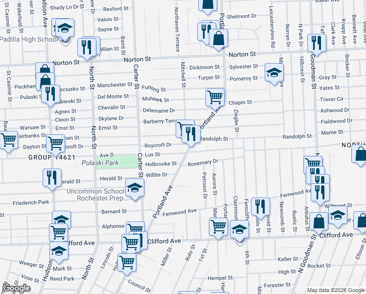 map of restaurants, bars, coffee shops, grocery stores, and more near 416 Roycroft Drive in Rochester