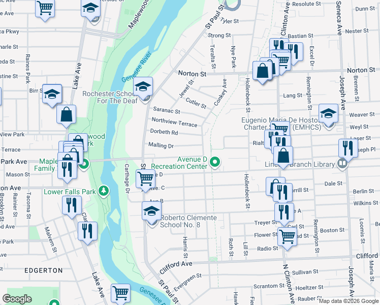 map of restaurants, bars, coffee shops, grocery stores, and more near 162 Malling Drive in Rochester