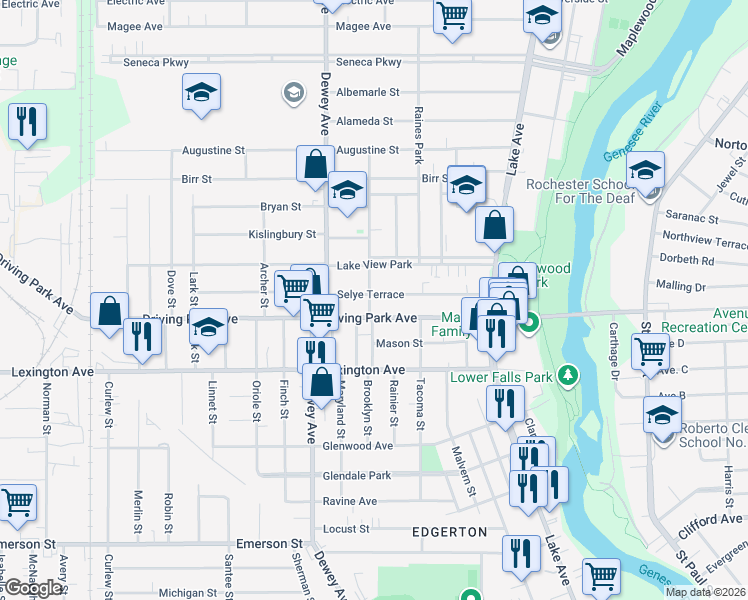 map of restaurants, bars, coffee shops, grocery stores, and more near in Rochester